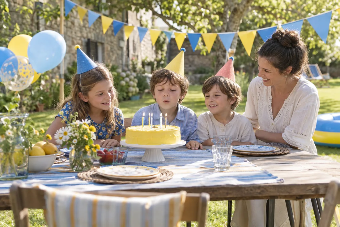Enfants et parent réunis autour du gâteau d’anniversaire au jardin