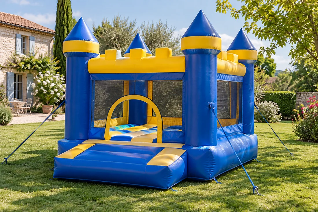 Château gonflable bleu et jaune dans un jardin