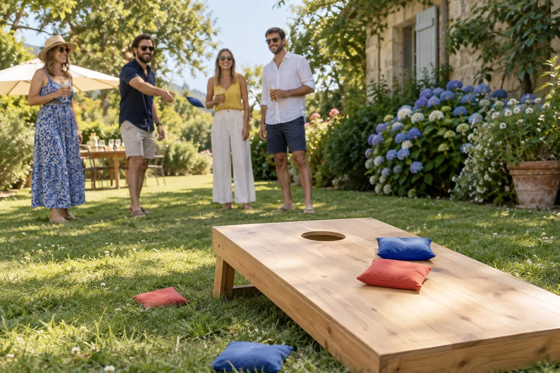 Une partie de cornhole entre adultes au jardin