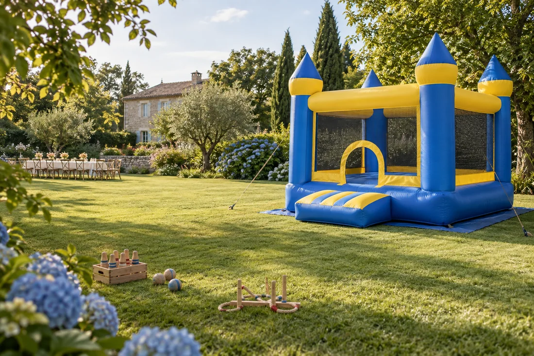 Un château bleu et jaune et des jeux en bois dans un jardin — illustration IA