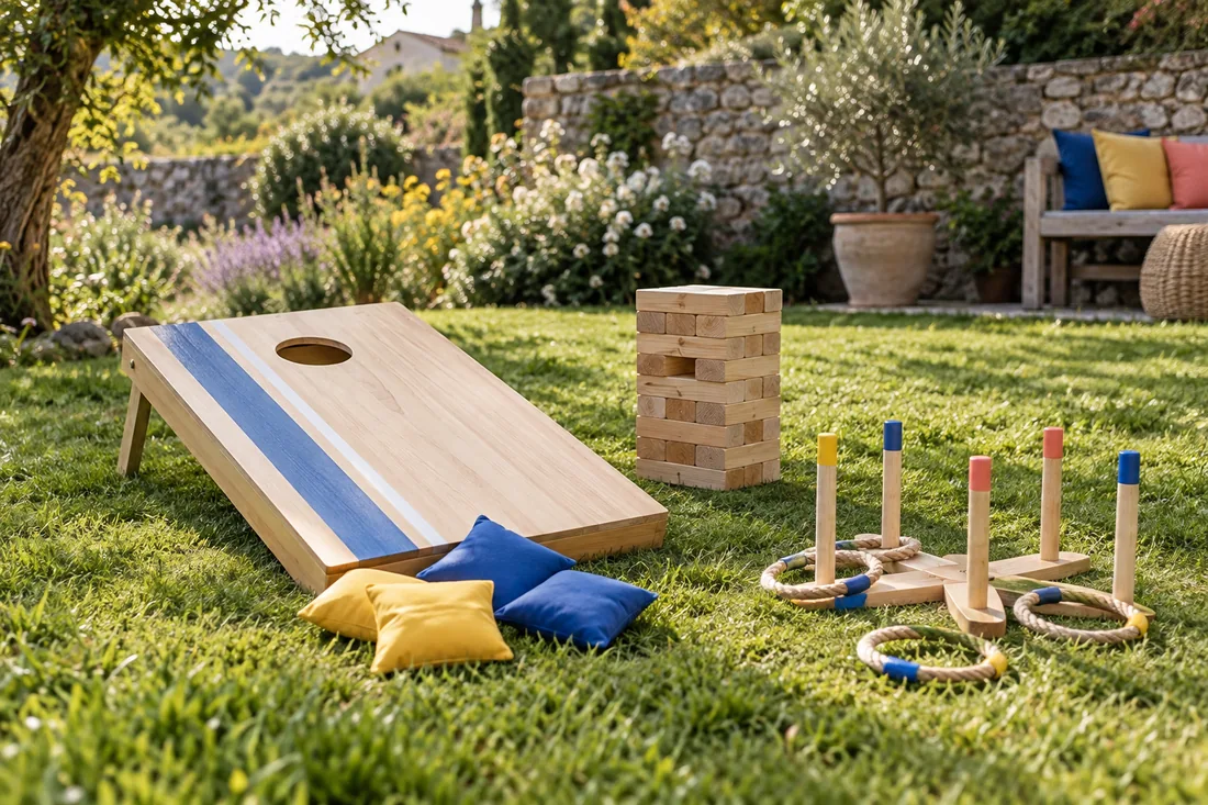 Jeux de lancer et tour en bois sur la pelouse