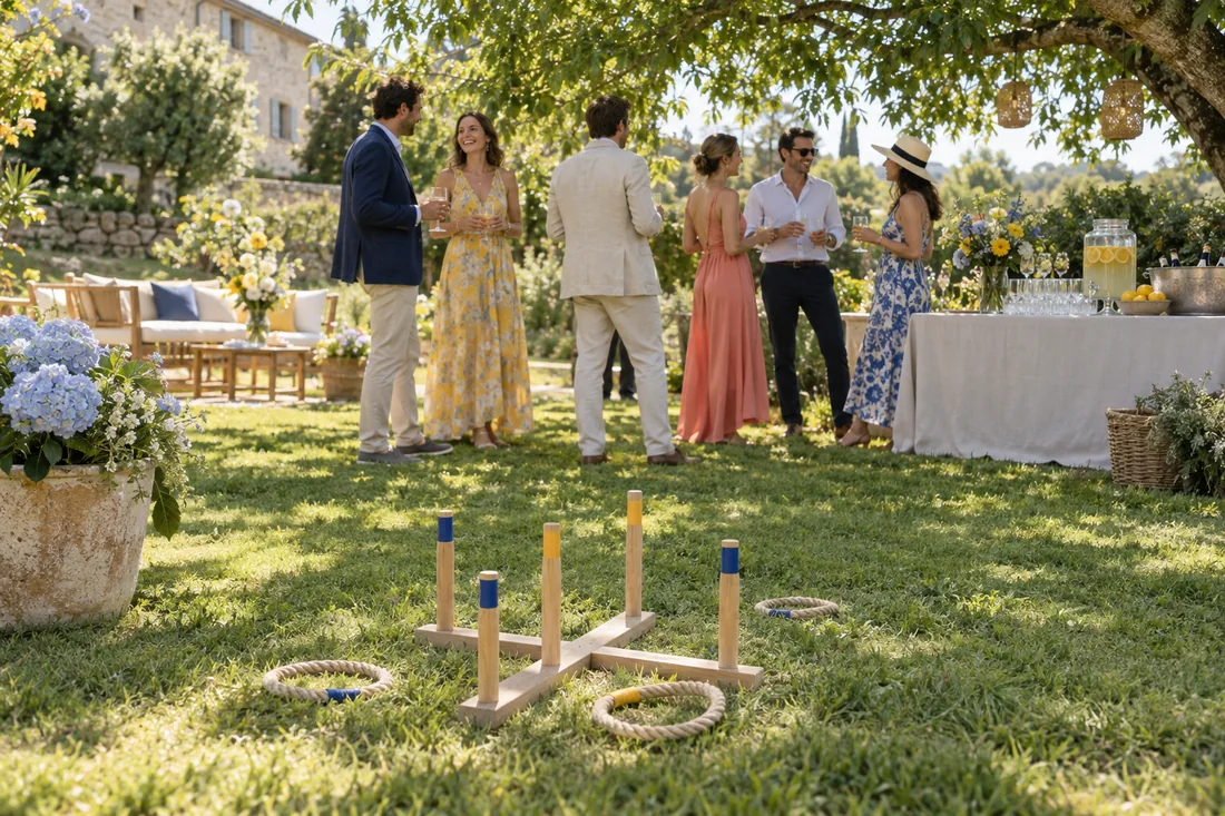 Invités réunis dans un jardin pour un mariage
